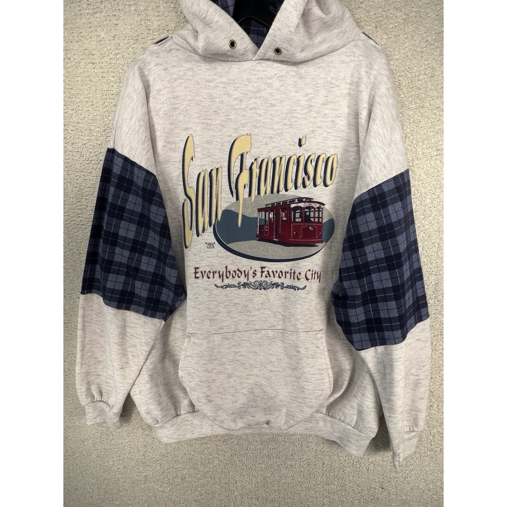 Vintage San‎ Francisco Cable Car Hoodie Mens XL Gray Plaid Colorblock 90s USA